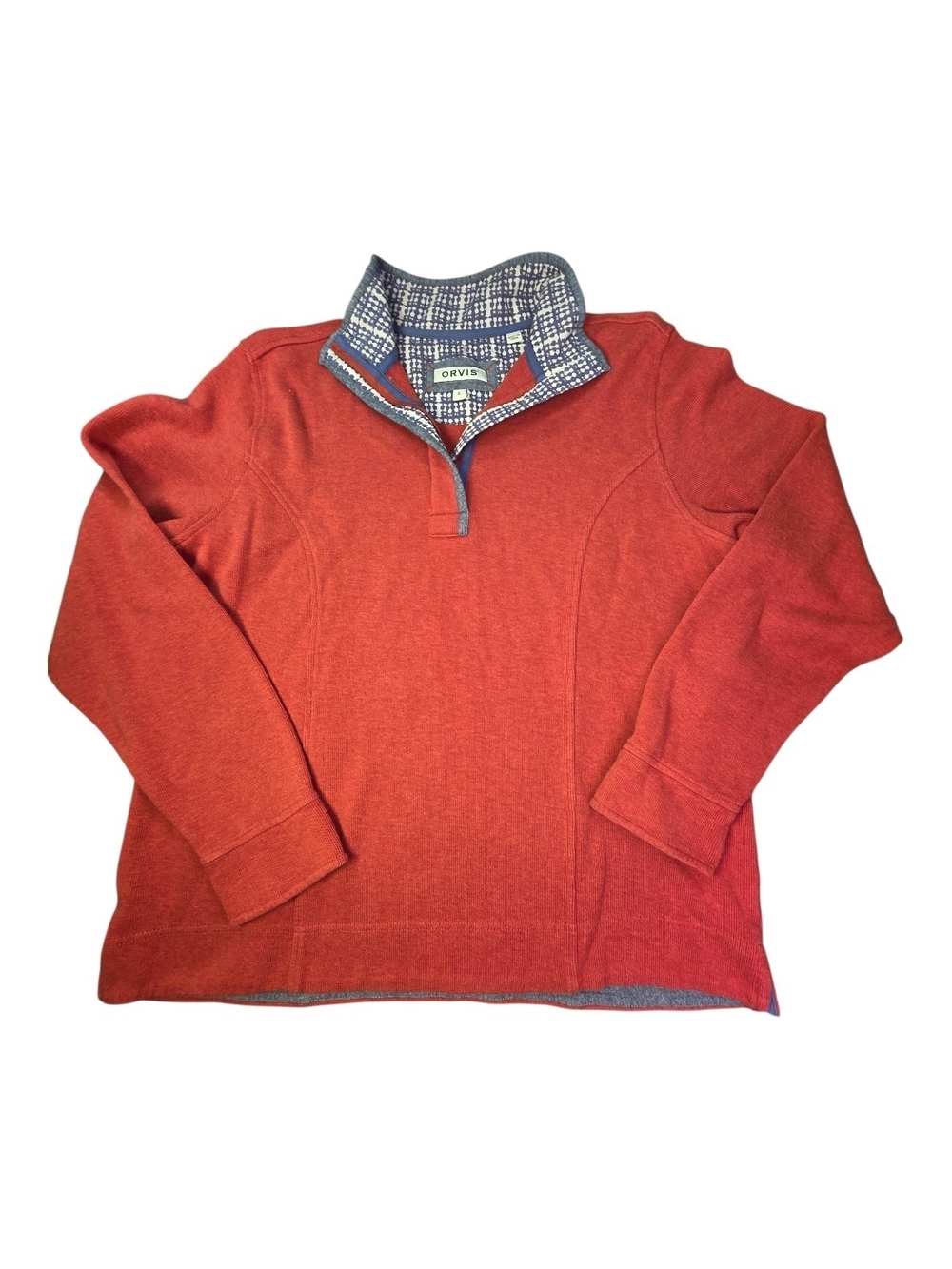 Orvis Rust Orange Quarter Zip Pullover Sweater Plaid Collar Accent